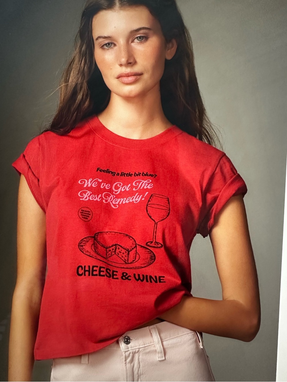 New with Tag Anthropologie Red Cheese & Wine Graphic Short Sleeve Tee